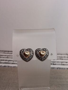 Avon Two-Tone Heart Clip Earrings Silver and Gold 2005